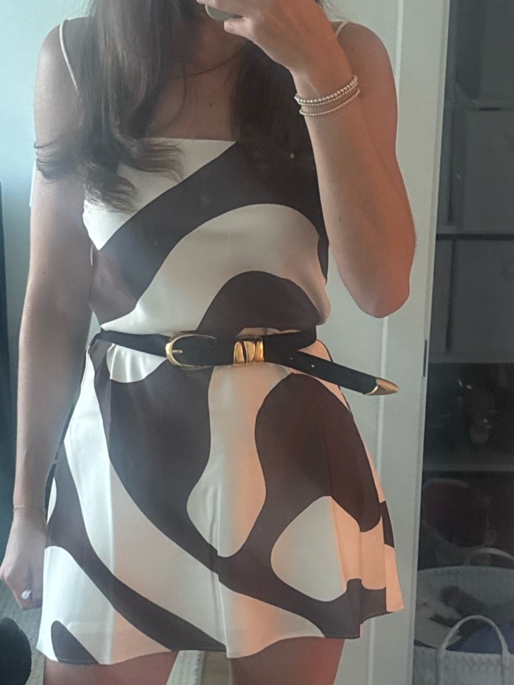 Mango Sleeveless Abstract-Print Mini Dress in brown & White